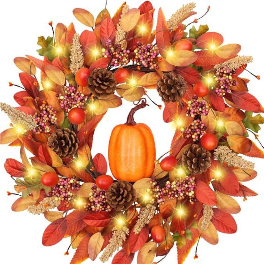 Fall Wreaths for Front Door with Lights and Banner, 24 Inch Large Pumpkin Wreath